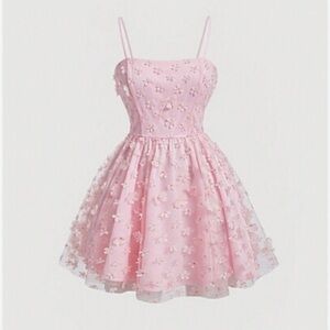 Small SHEIN 3d floral Applique dress straps short pink mesh tulle cami flower